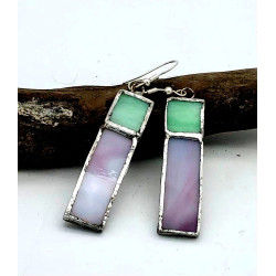 Boucles d'Oreilles Rectangle lilas et vert