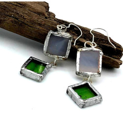 Boucles d'oreilles duo petits carrés blanc et vert