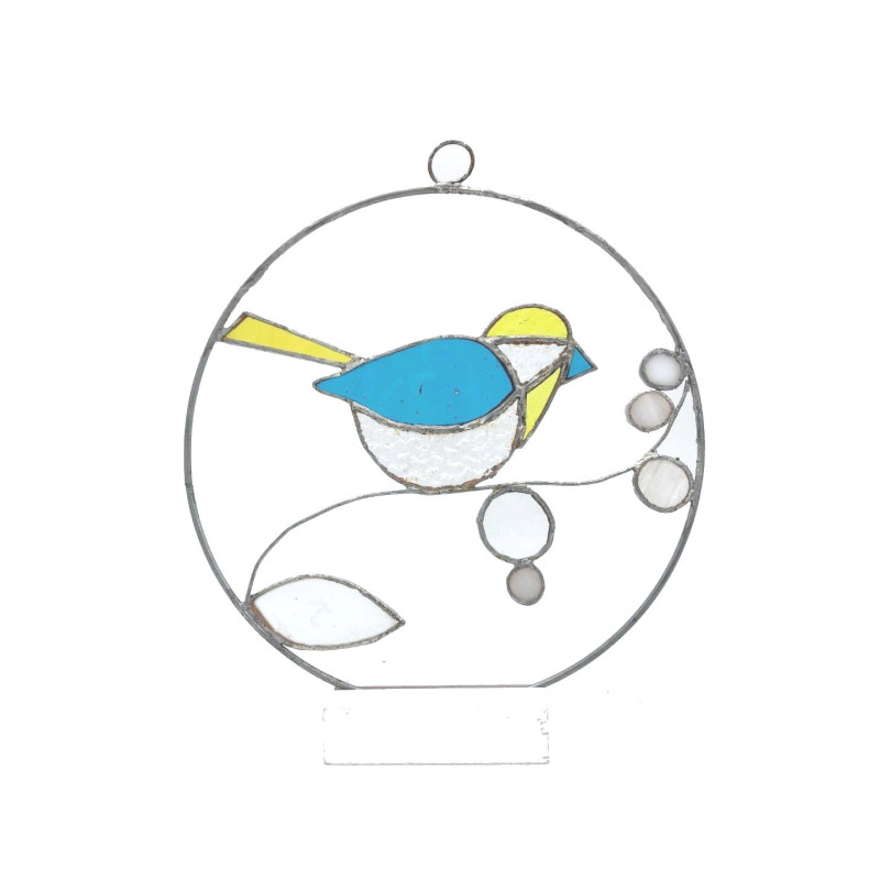 Mésange en verre bleue et jaune