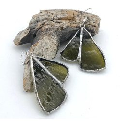 Boucles d'oreilles en verre feuilles de Ginko vert olive transparent