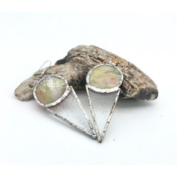 Boucles d'oreilles en verre cône bicolore vert pistache opaque et transparent texturé