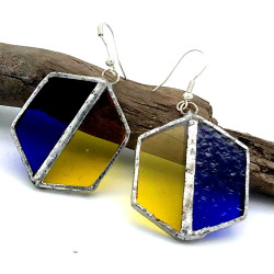 Boucles d'Oreilles Hexagone Bicolore Bleu foncé & jaune