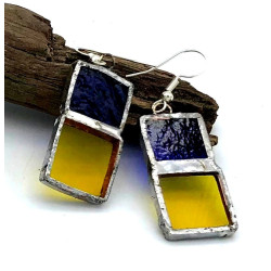Boucles d'Oreilles Duo Carré Bleu Foncé et jaune